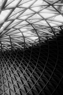 A black and white photo of a ceiling