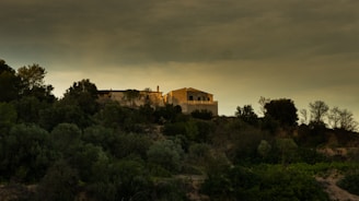 A house sitting on top of a hill under a cloudy sky