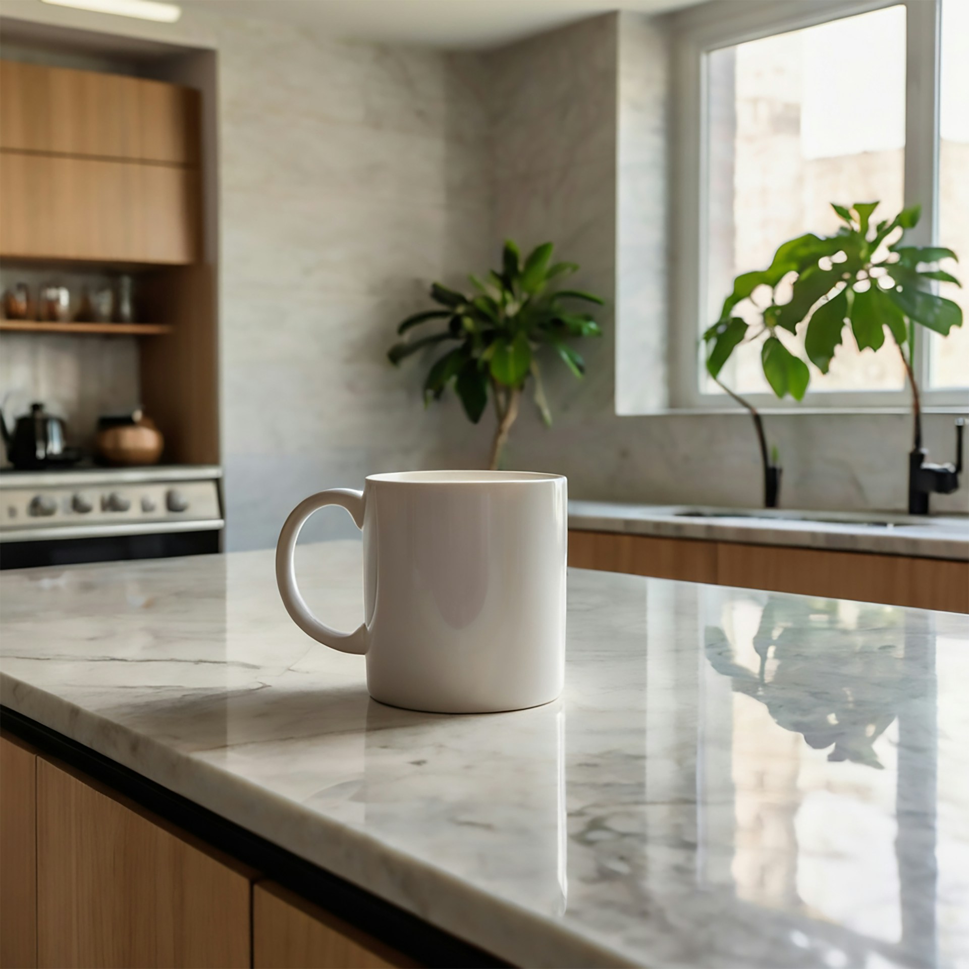 A white coffee mug sitting on top of a kitchen counter