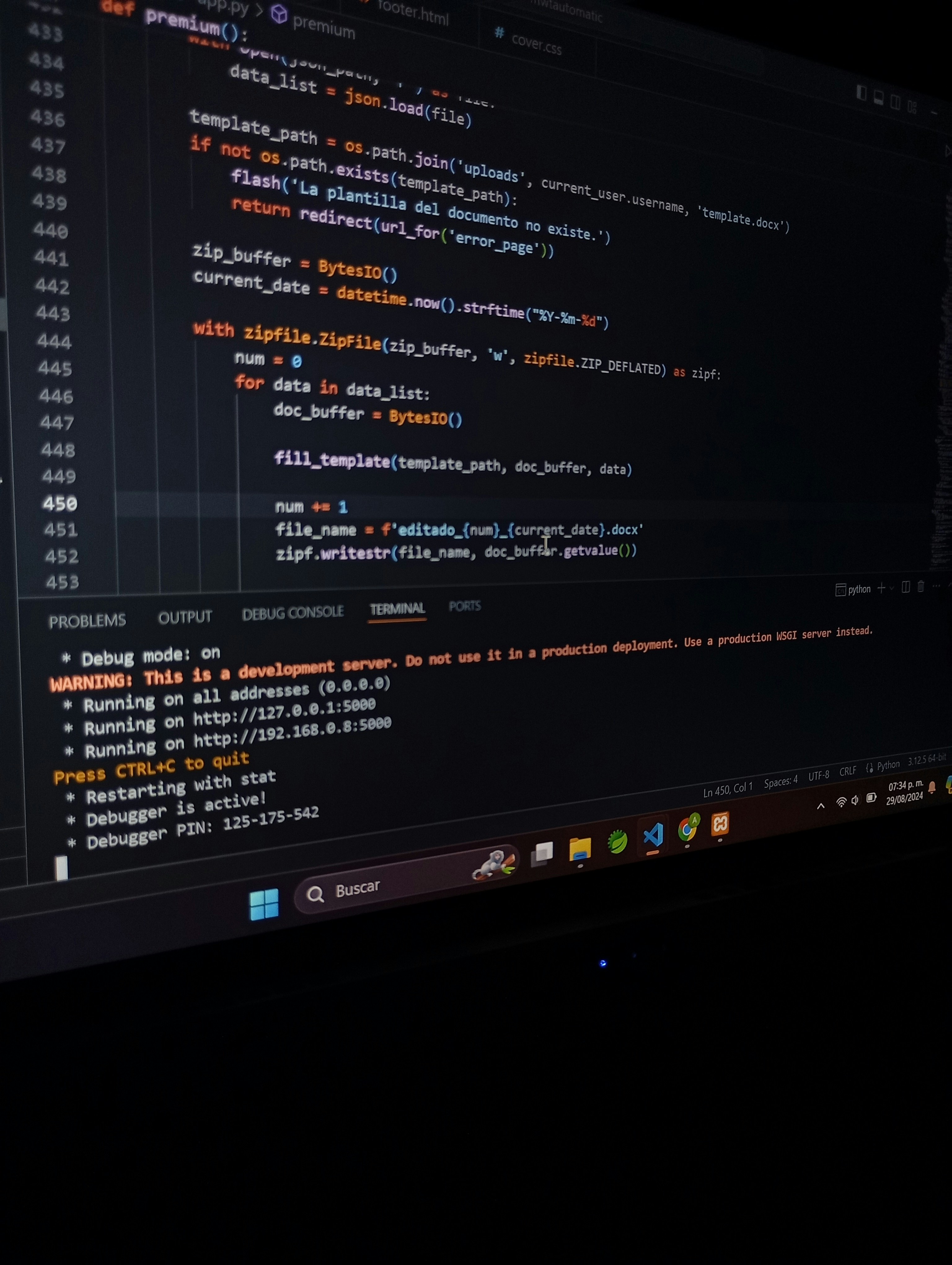 Python code on dark screen with syntax highlighting, blue and yellow code, deep dark background
