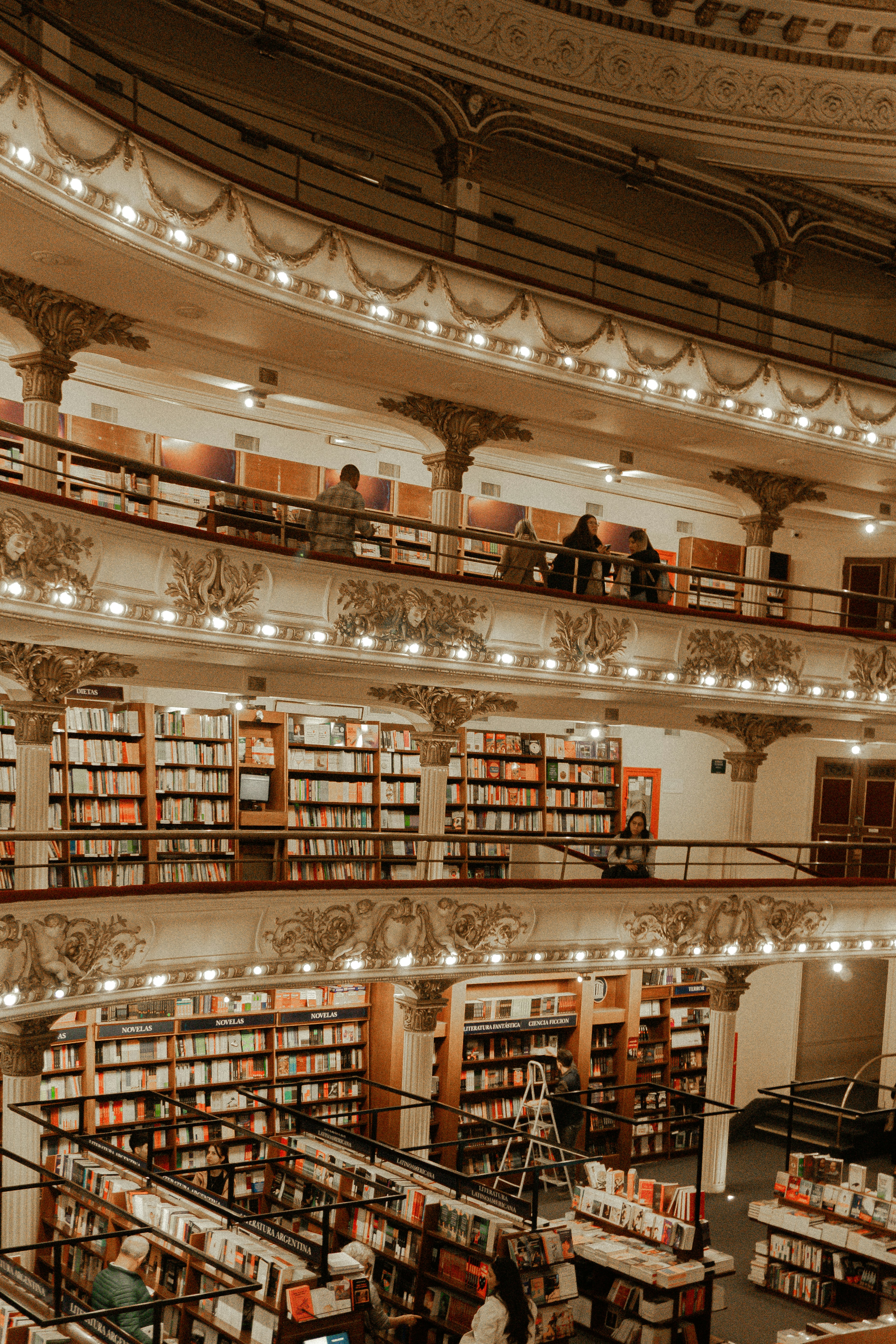 Library with diverse books from world cultures, warm atmospheric lighting, deep tones
