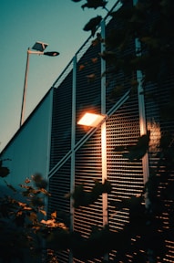 A street light sitting next to a tall building