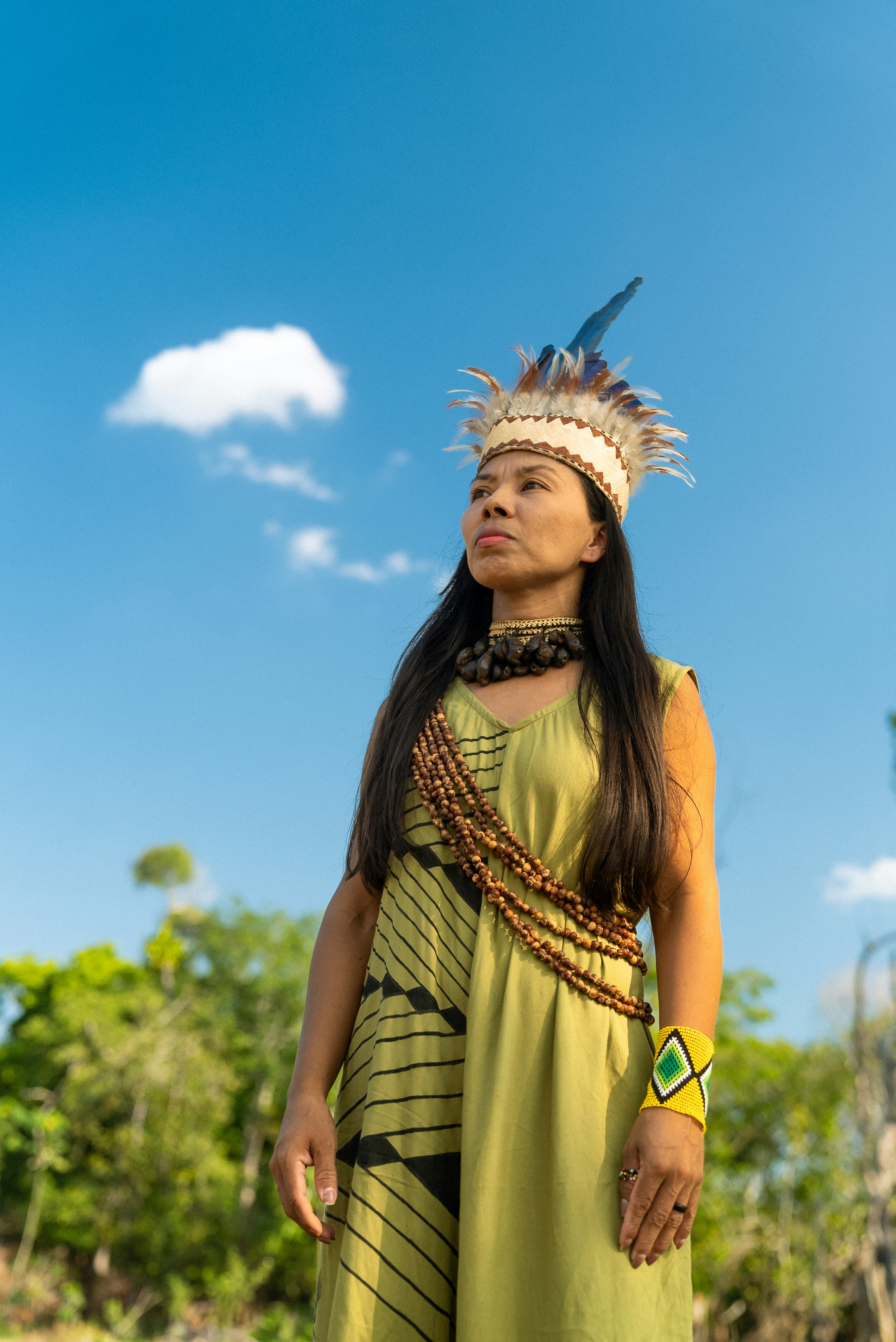 A native american woman wearing a green dress and headdress