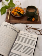 An open book sitting on top of a bed next to a bowl of oranges