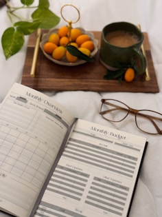 An open book sitting on top of a bed next to a bowl of oranges