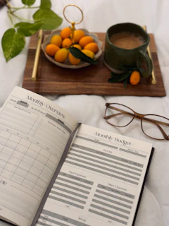 An open book sitting on top of a bed next to a bowl of oranges