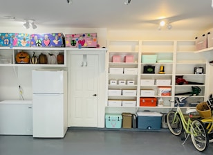 A room filled with lots of white shelves filled with items