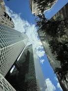 Looking up at tall buildings in a city