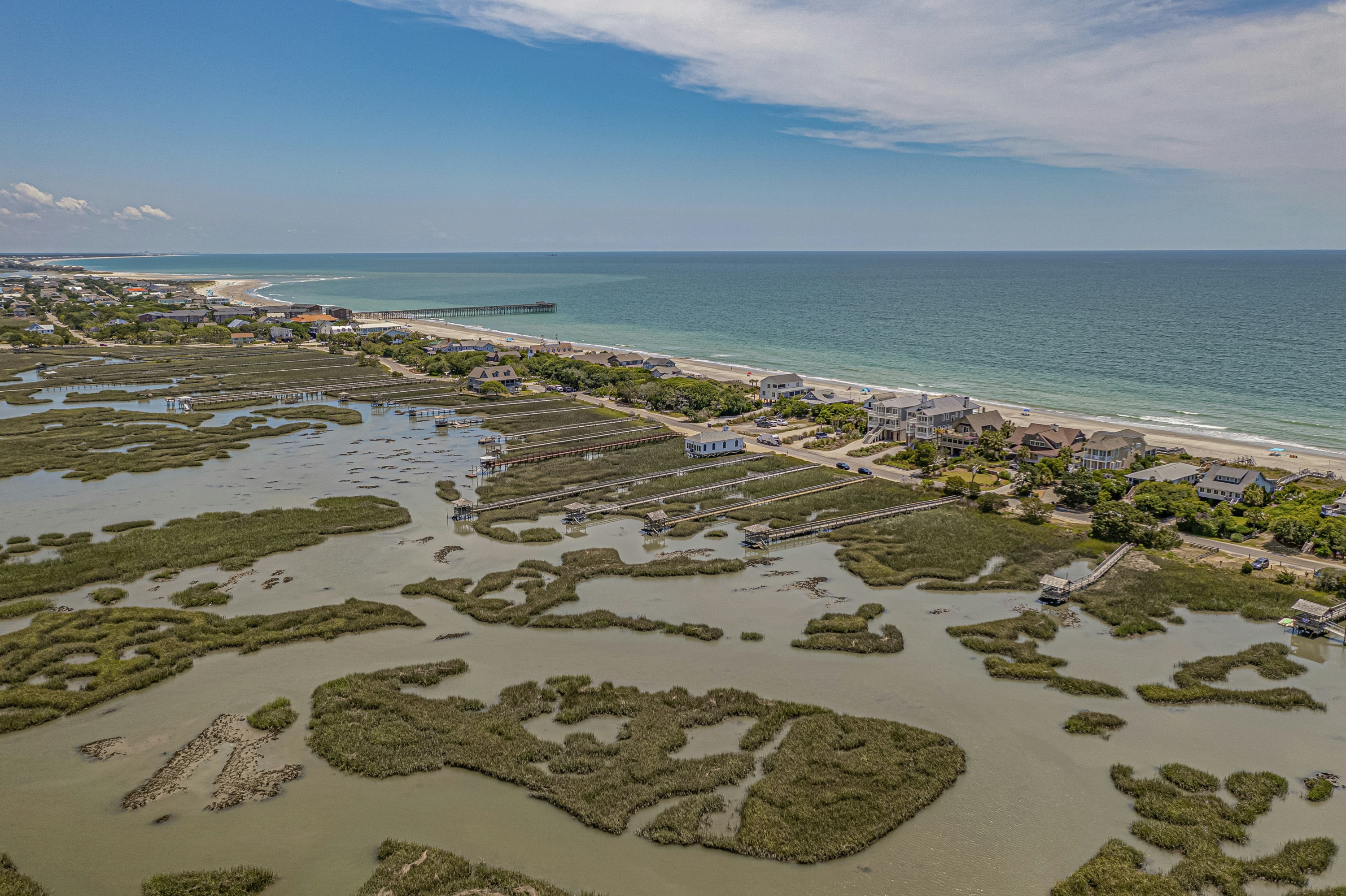 An aerial view of a beach and a body of water
