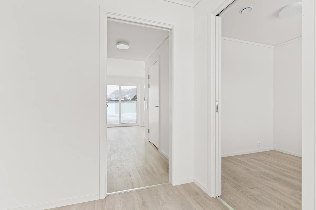 Light luxury vinyl plank running down a sunlit hallway.