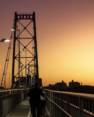 A couple of people walking across a bridge