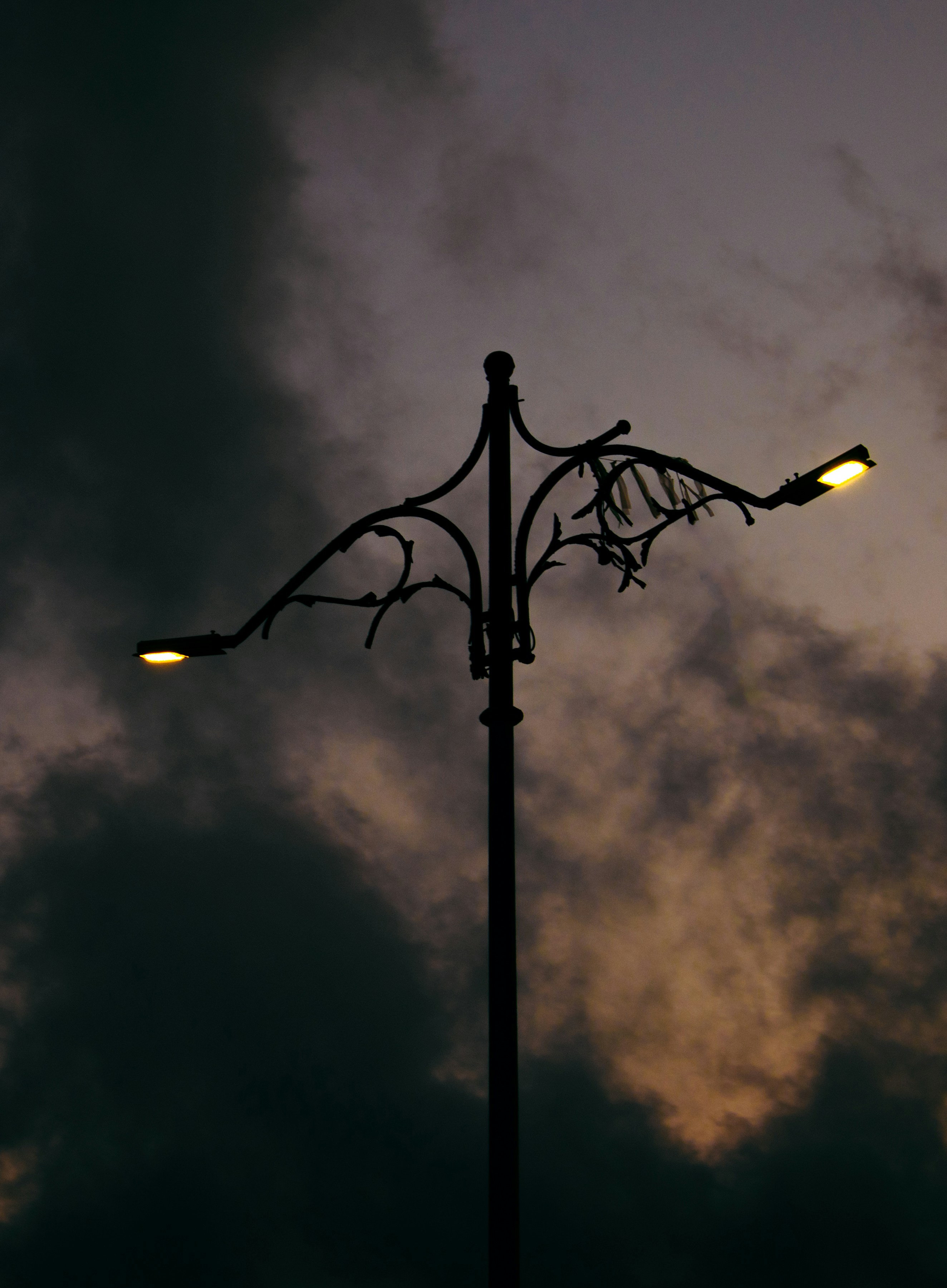 A street light with a cloudy sky in the background