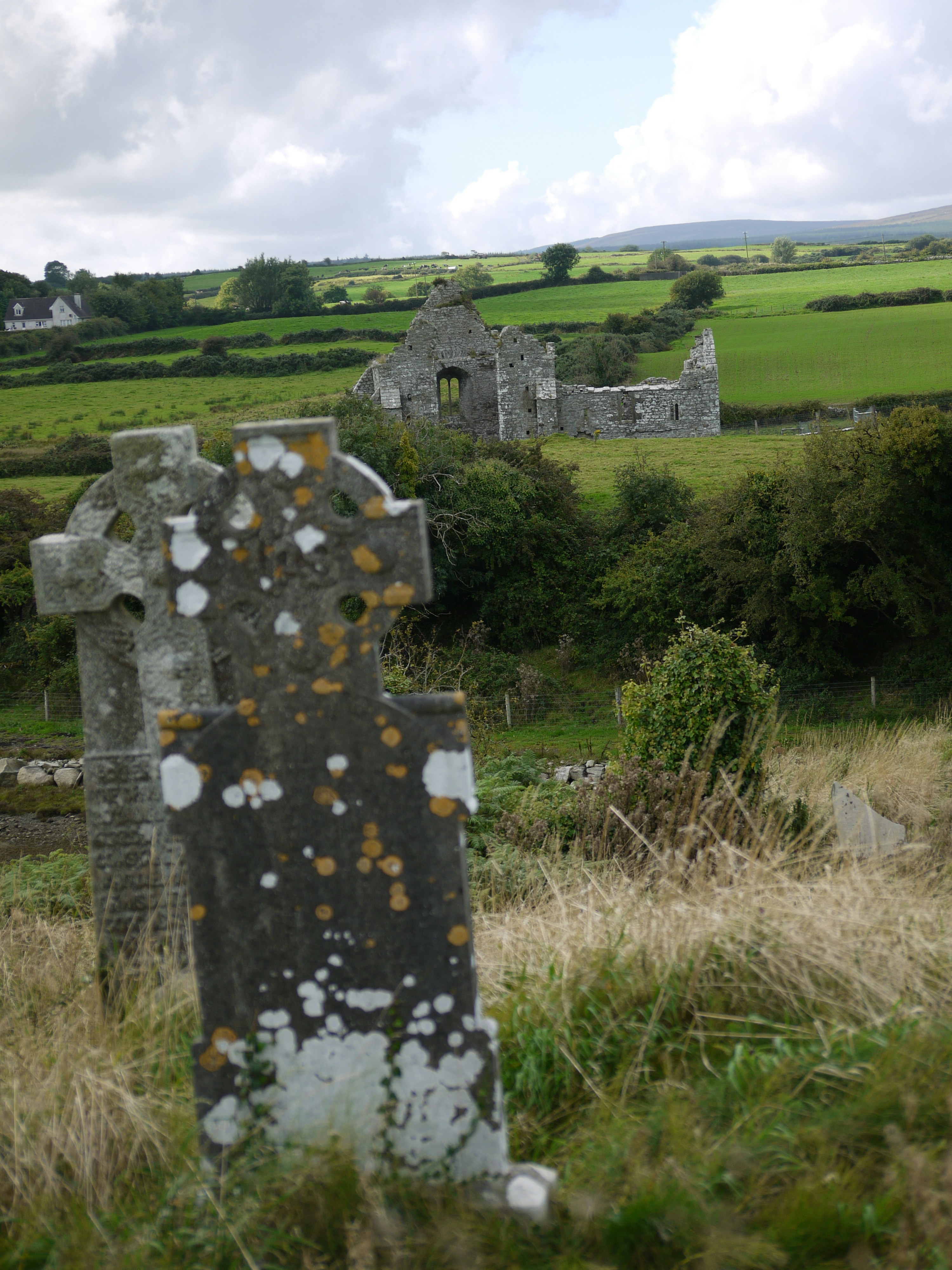A cemetery in a grassy field with a house in the background