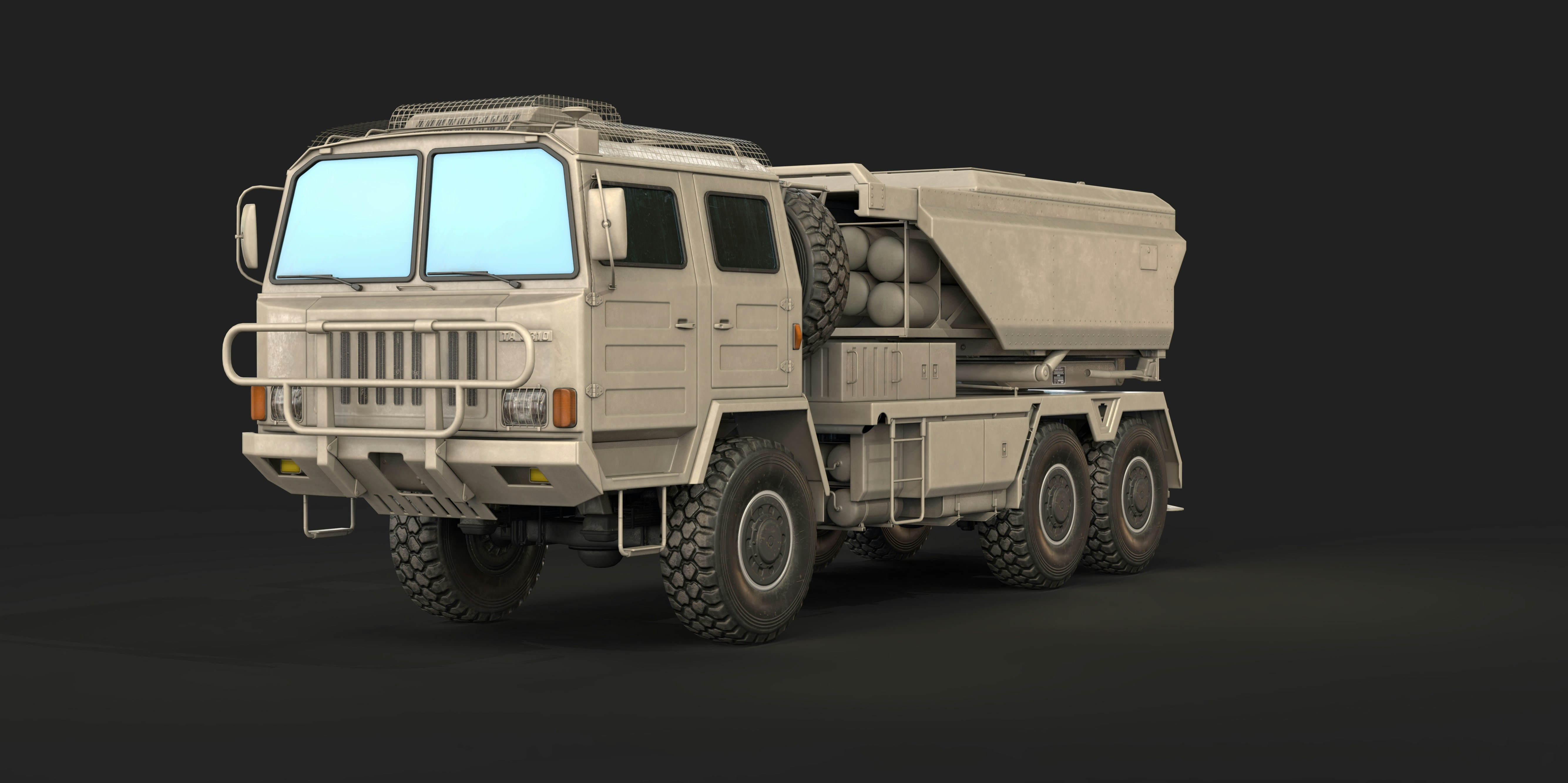 A large military truck is shown on a black background