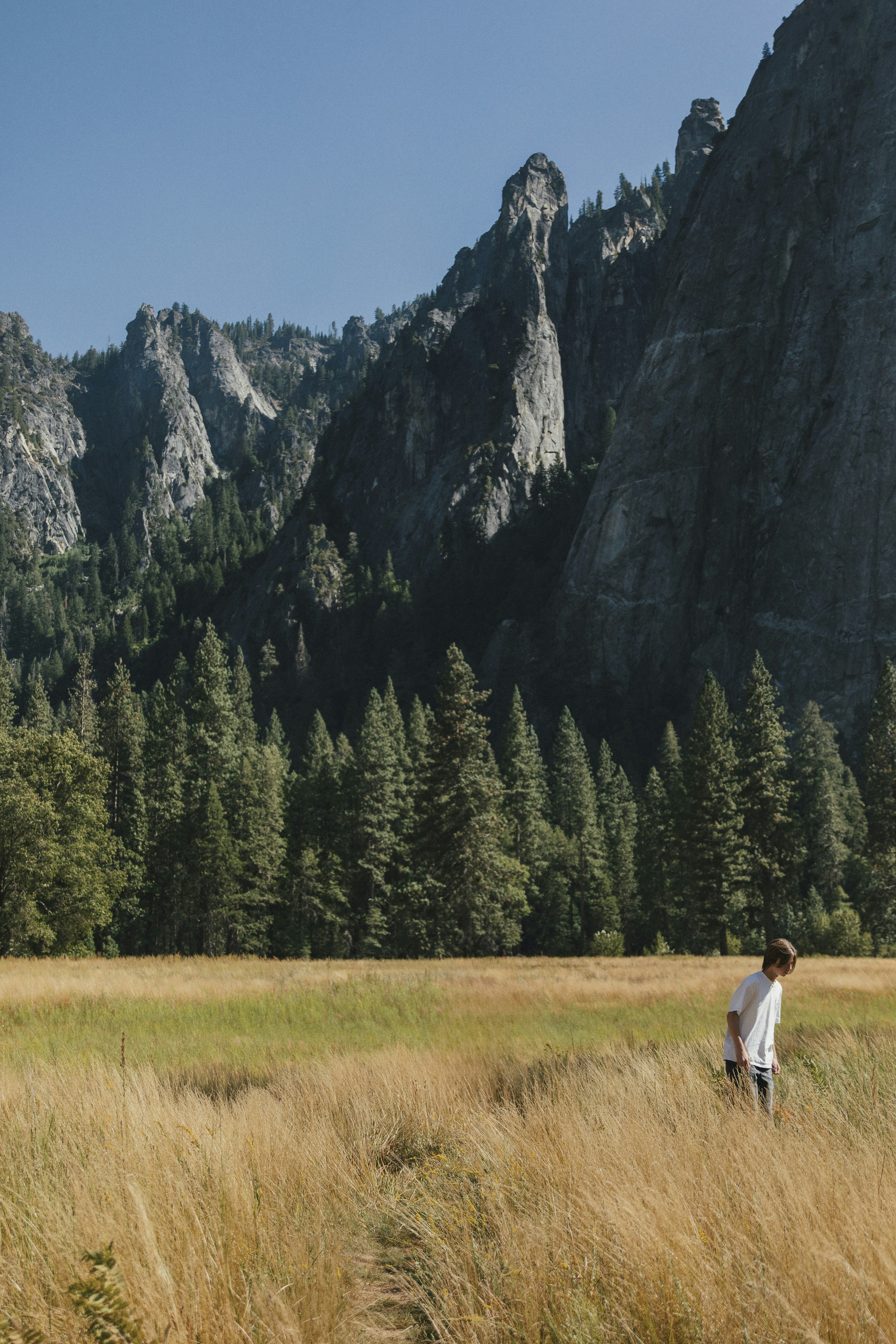 A man standing in a field with mountains in the background