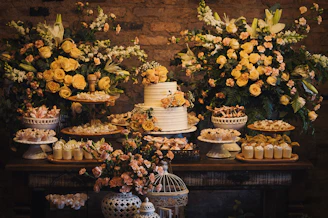 A table topped with lots of cakes and flowers