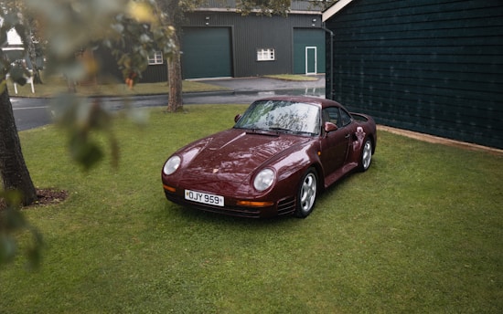 A red sports car parked in the grass next to a tree