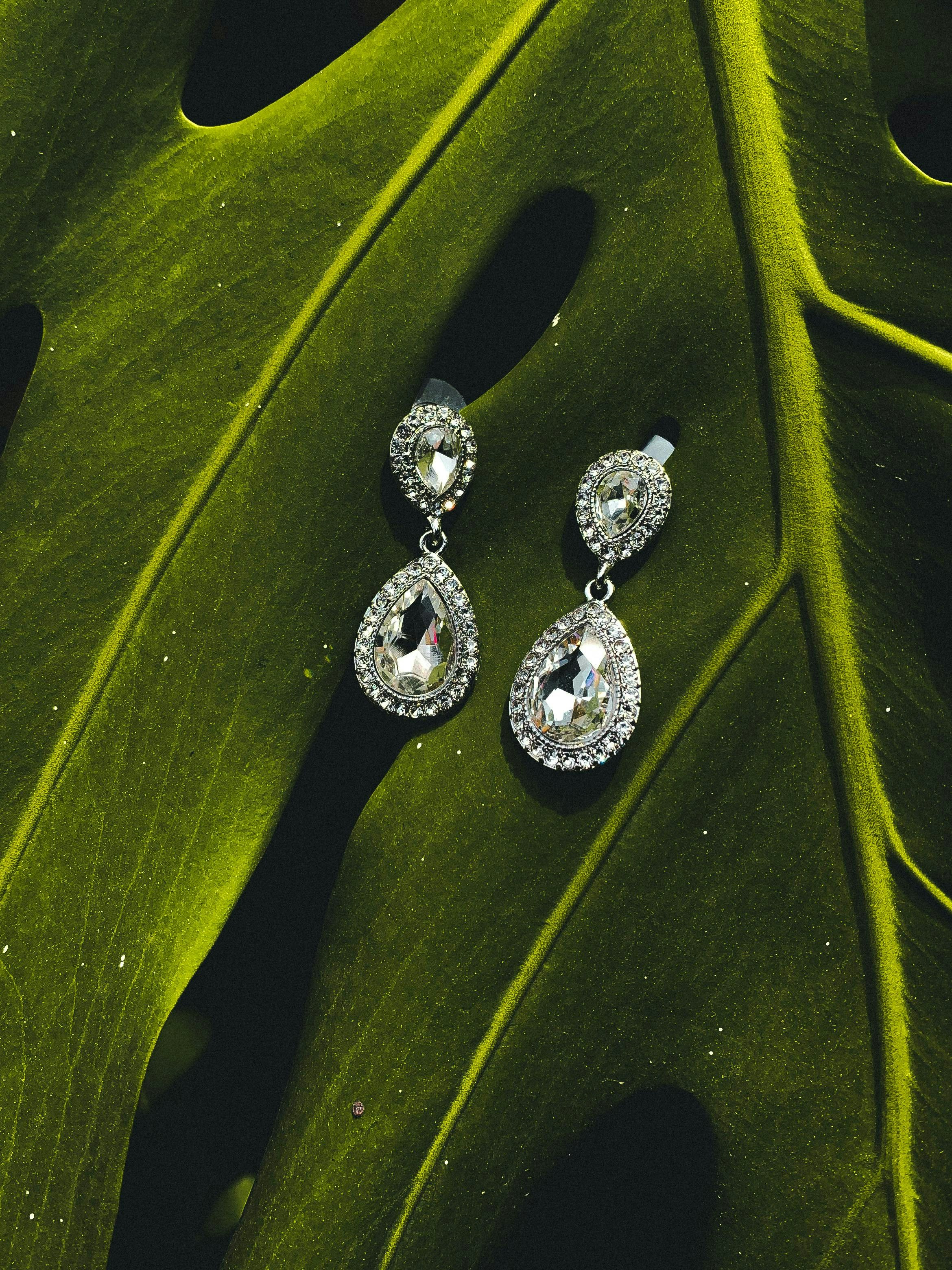 A pair of earrings sitting on top of a green leaf