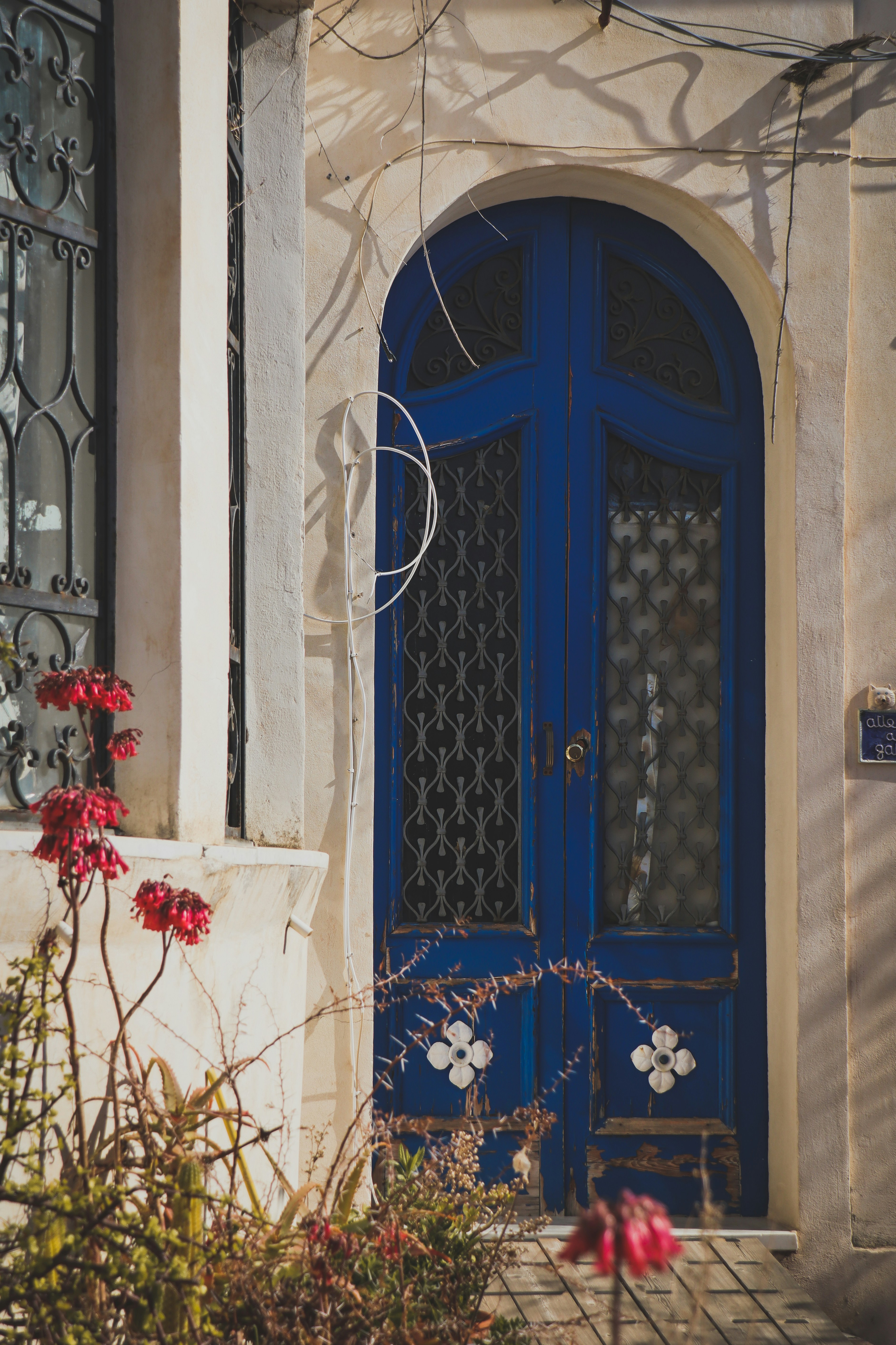 A blue door and window on a building