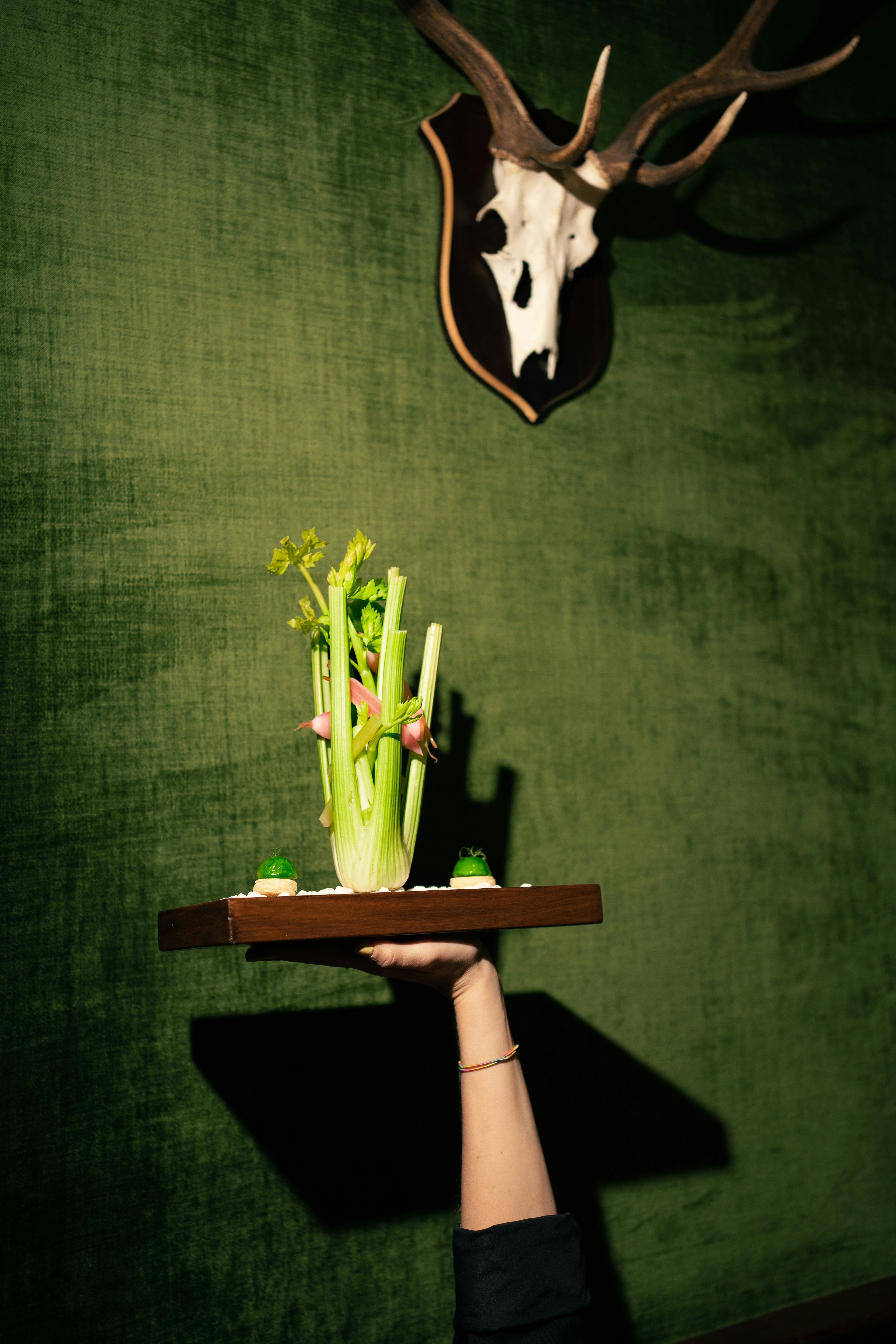 A person holding a tray with celery on it