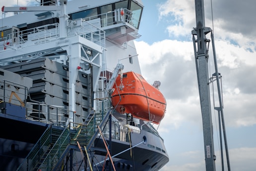 A large boat with a life preserver attached to it
