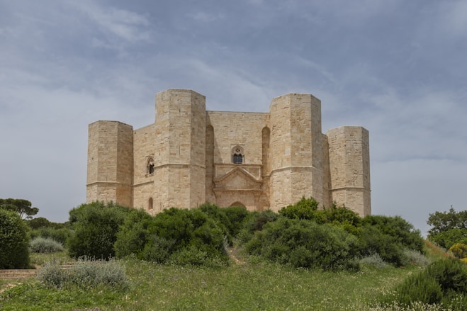A large building with a tower in the middle of a field