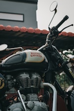 A motorcycle parked in front of a building