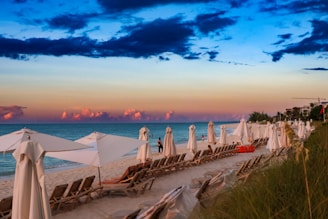 A row of beach chairs sitting on top of a sandy beach