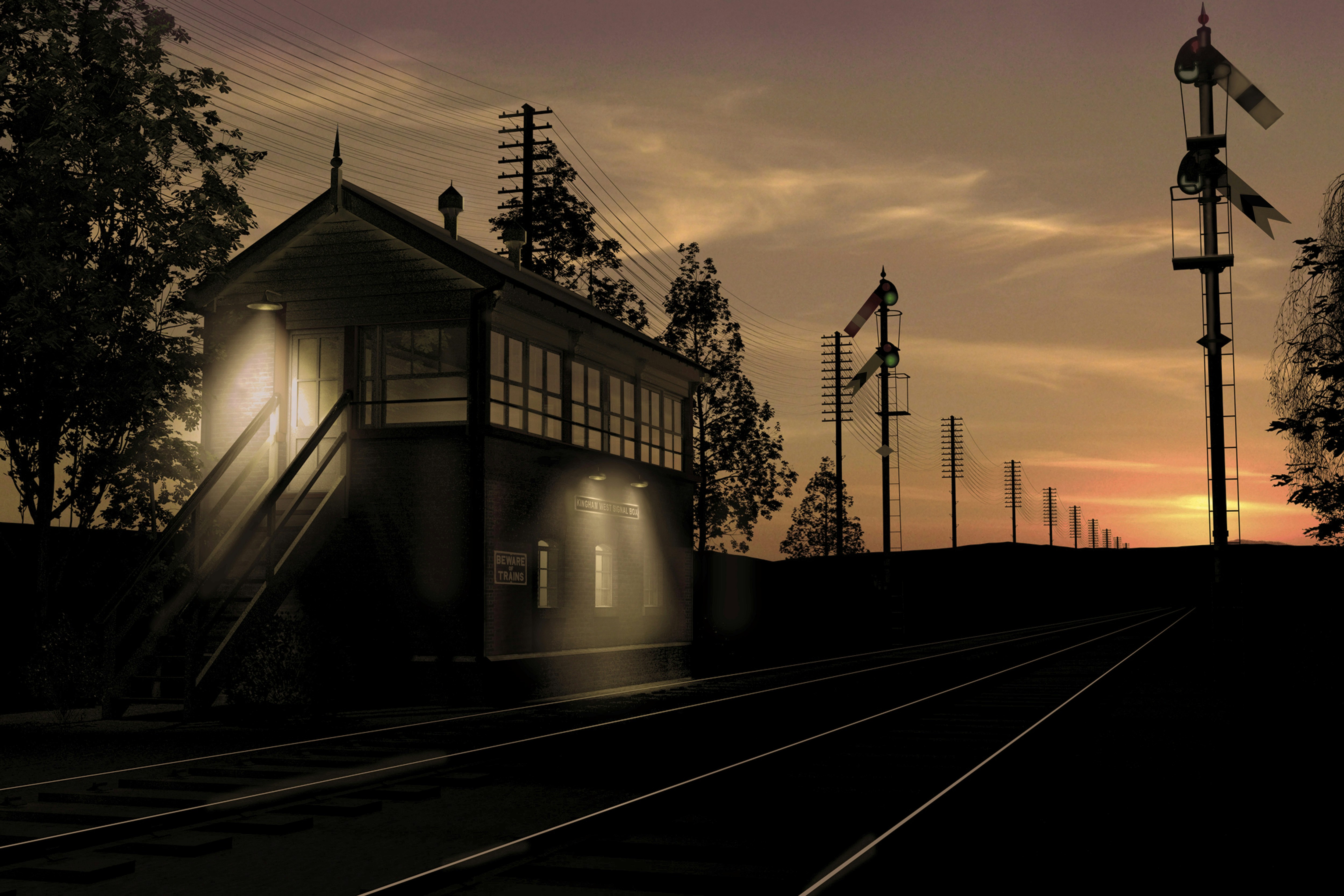 A 3D rendered model of a Great Western Railway signal box, based on scale drawings of the Kingham West signal box, complete with all line side equipment and even foliage, also modelled. Backdrop is a photograph of a sunset.