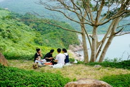 A group of people sitting on top of a lush green hillside
