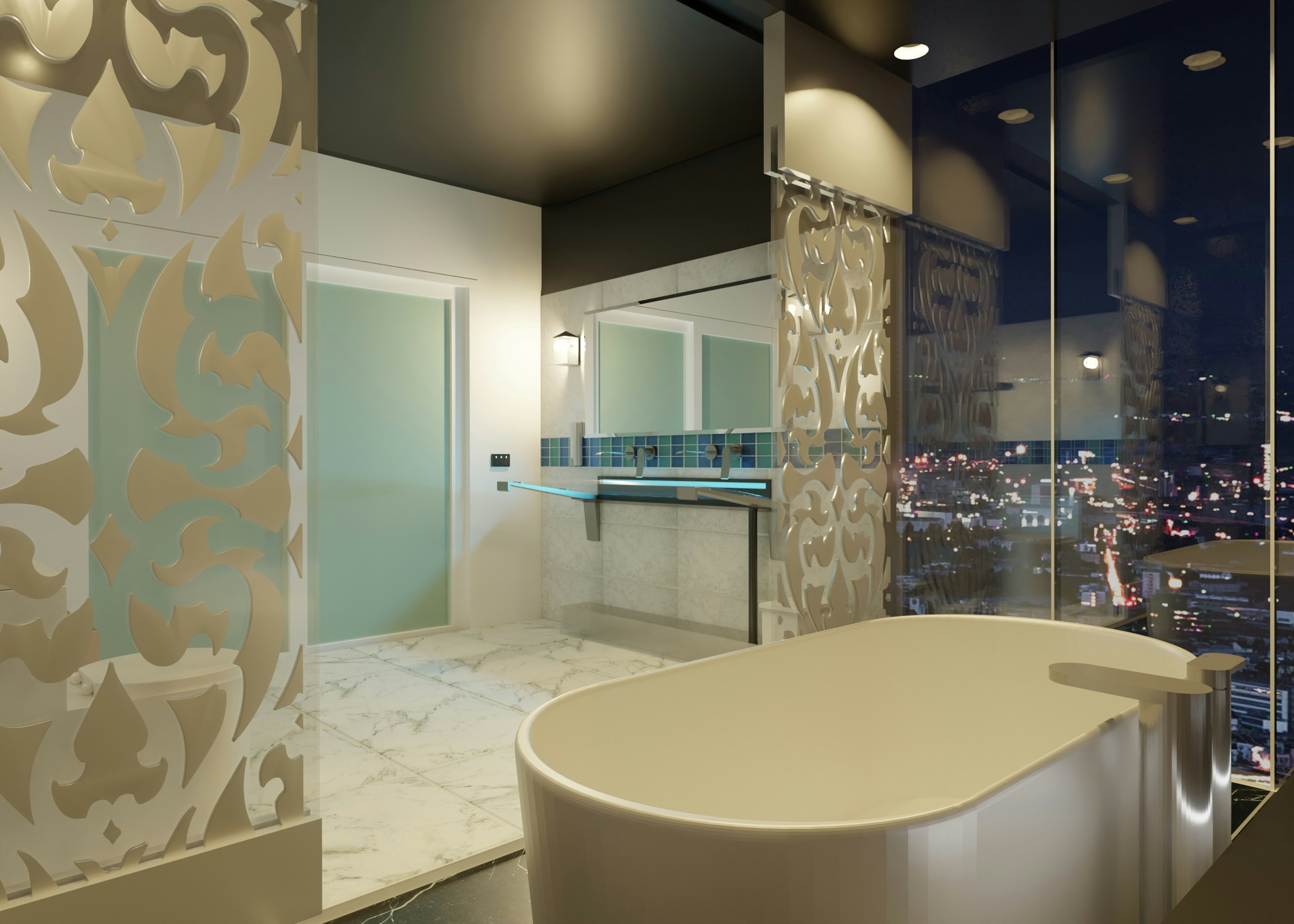 A bathroom with a bathtub and a large window