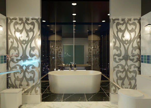 A bathroom with a tub, toilet and sink