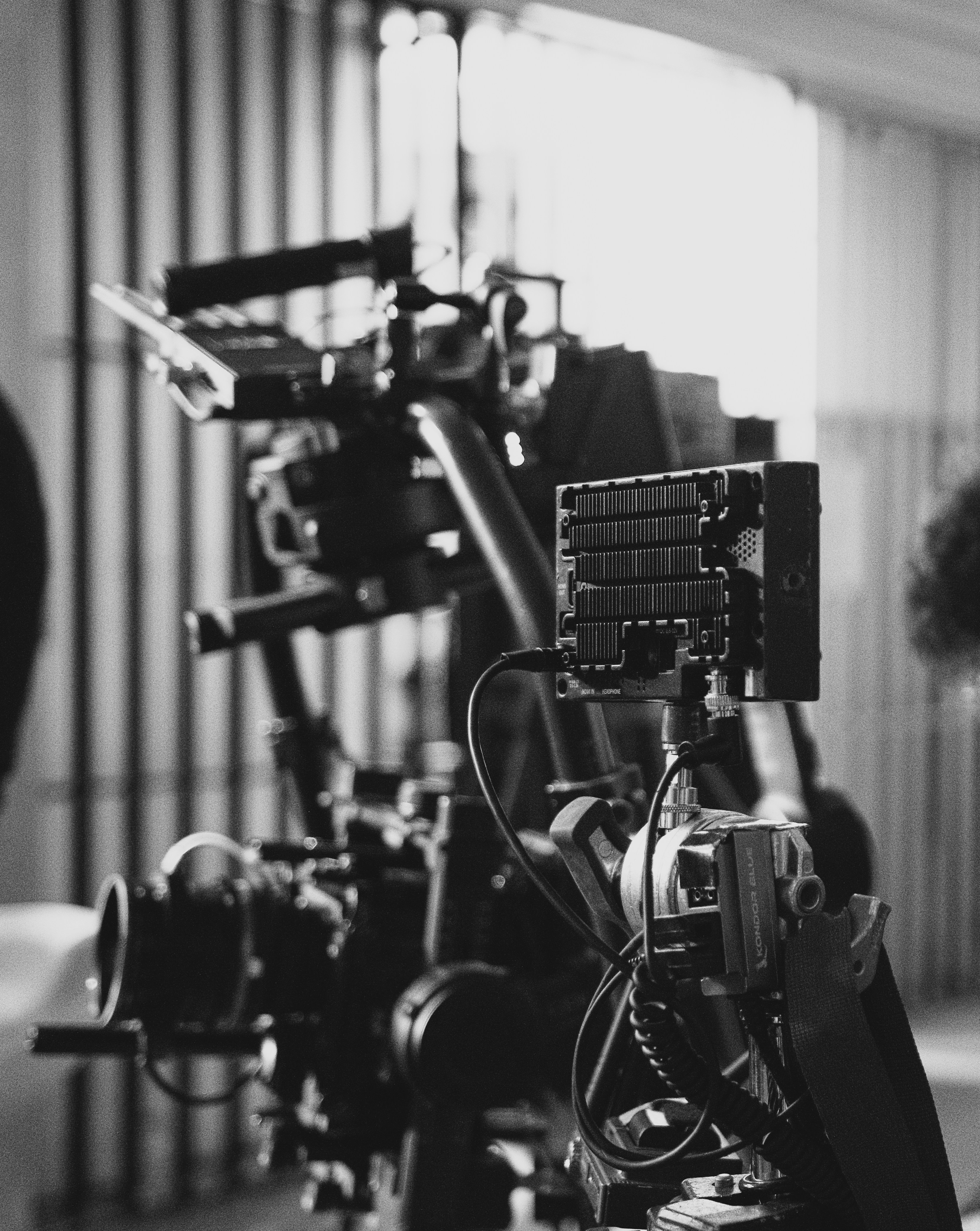 A black and white photo of a camera