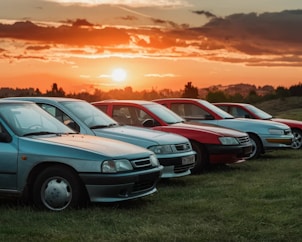 A row of parked cars sitting on top of a lush green field