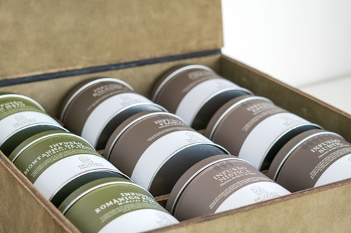 A box filled with lots of different types of coffee