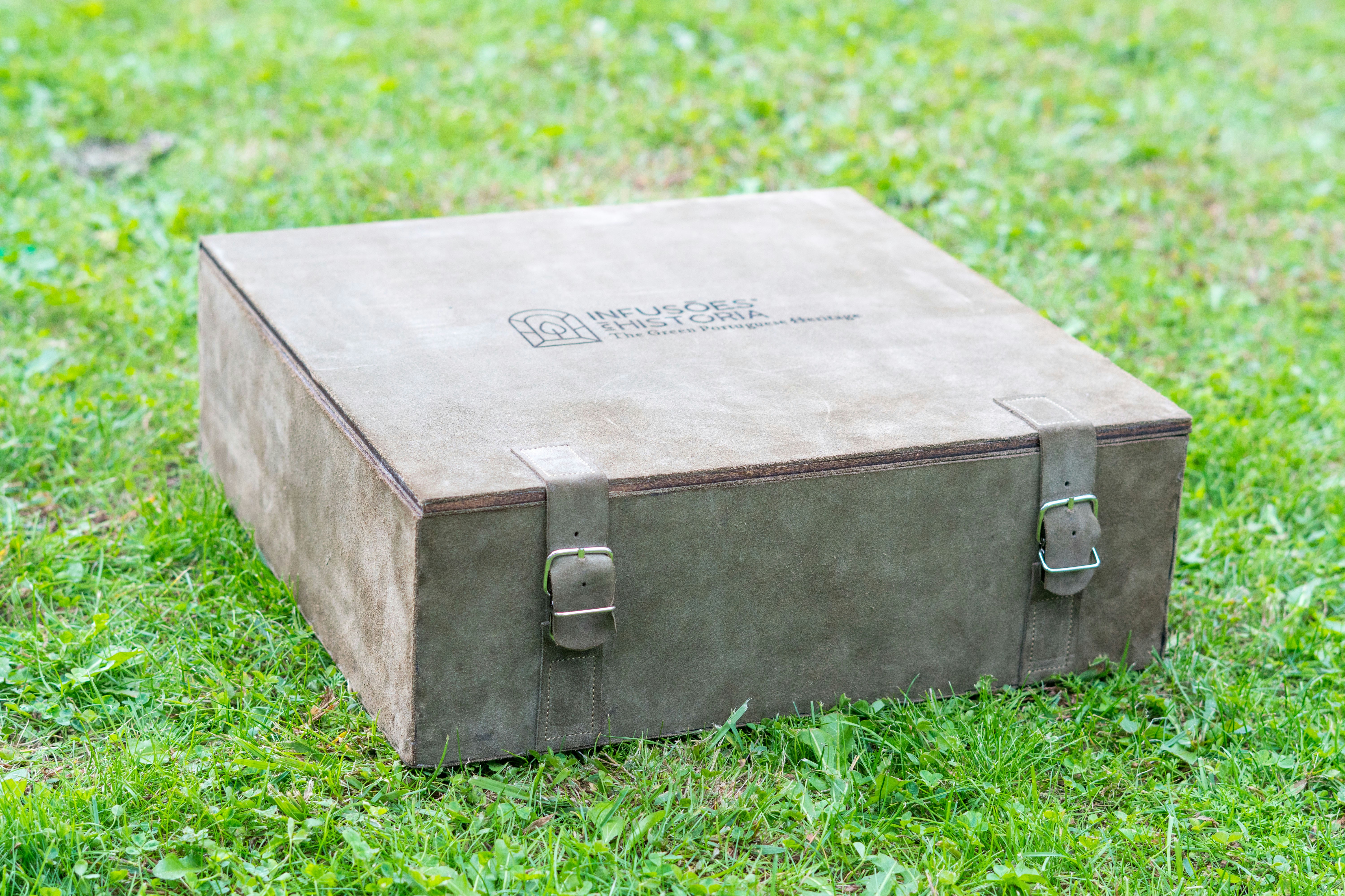 A brown box sitting on top of a lush green field