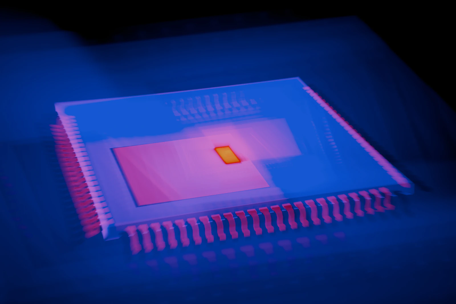 Macro photograph of an integrated circuit microchip showing silicon die wiring and semiconductor architecture in dark lighting
