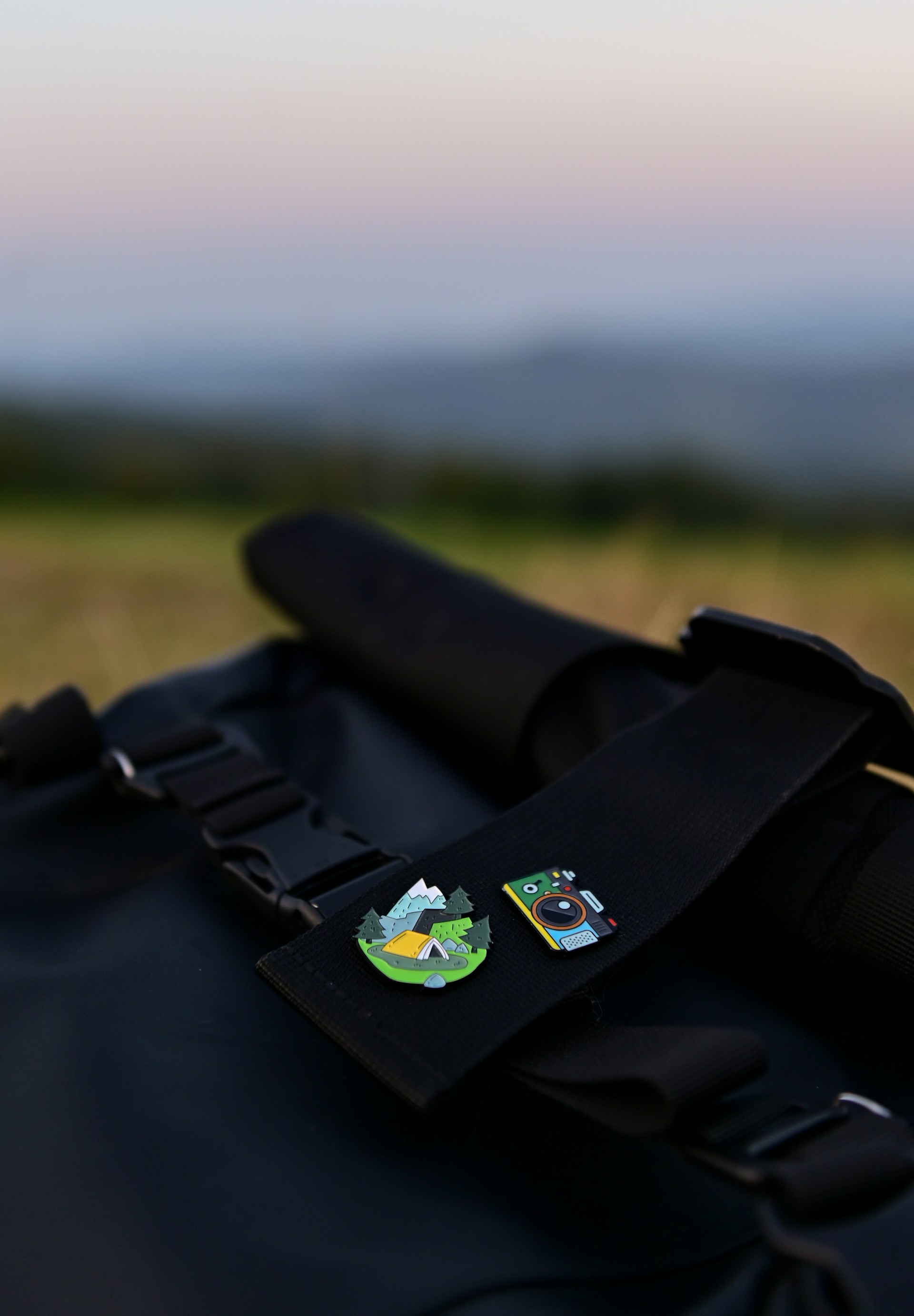 A close up of a bag with a sticker on it