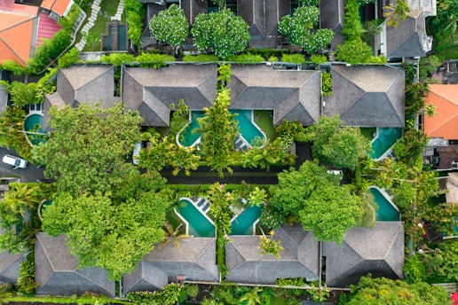 A bird's eye view of houses and trees