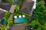 A bird's eye view of a house with a swimming pool