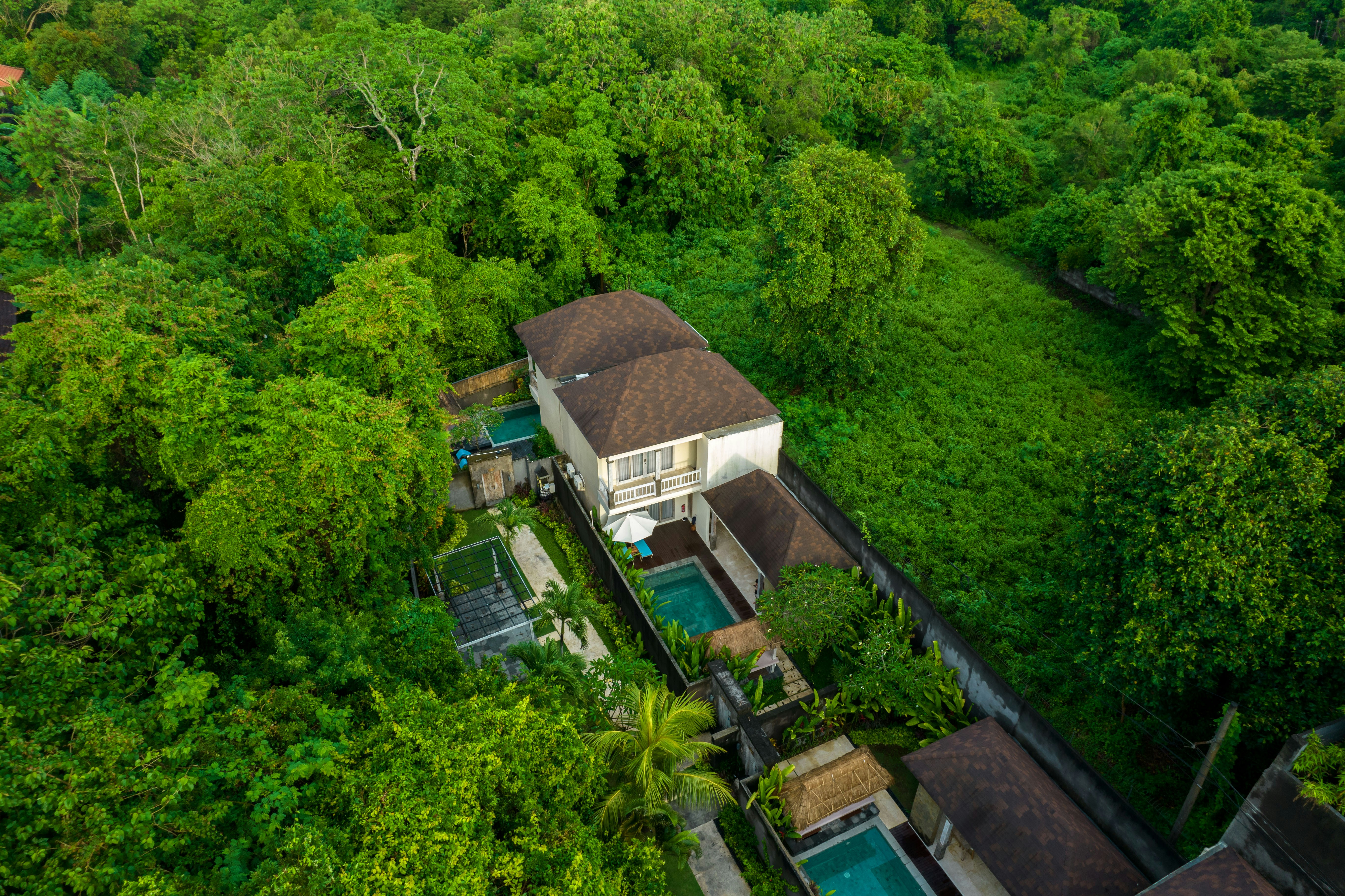 An aerial view of a house surrounded by trees