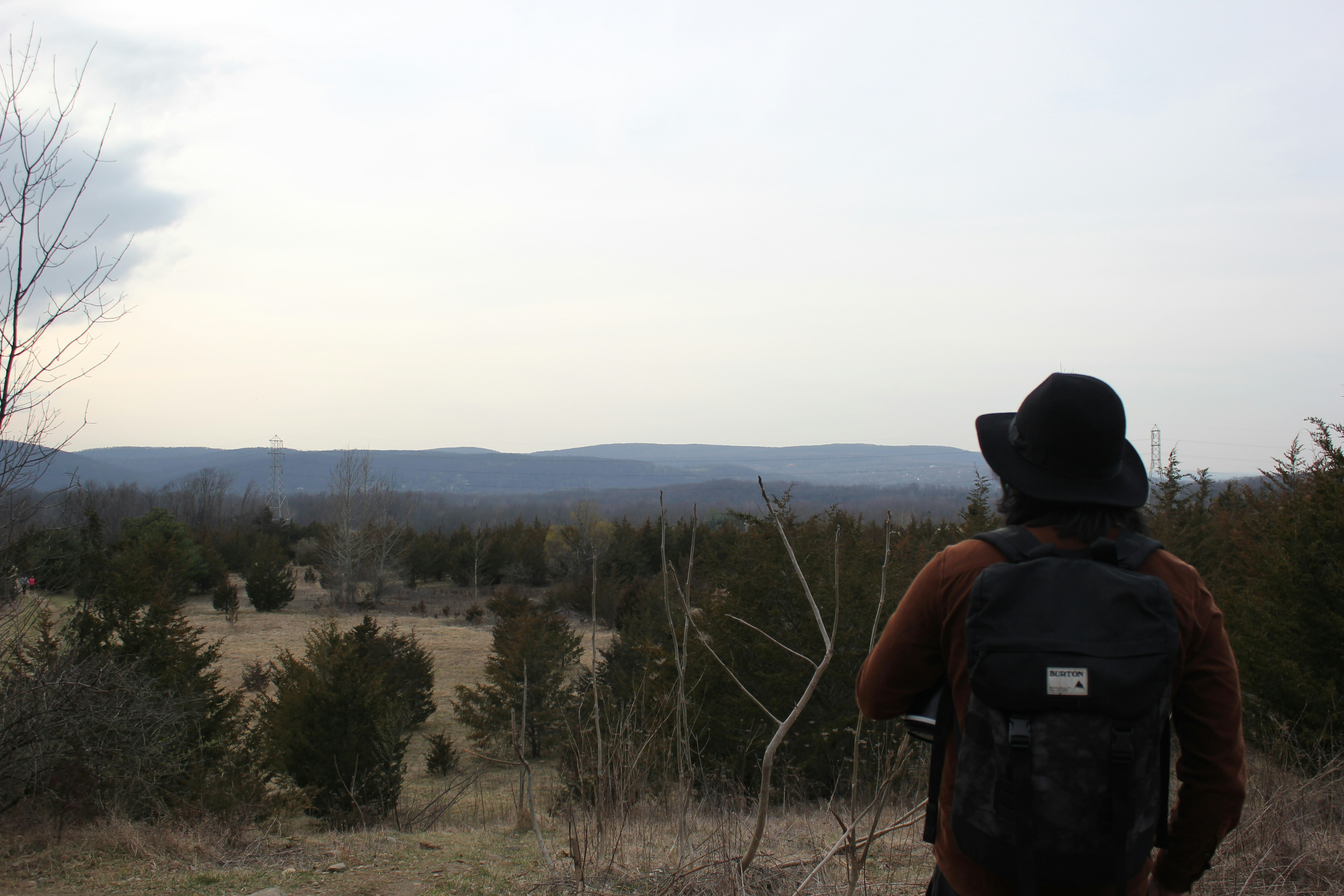 Un homme avec un sac à dos regardant un champ