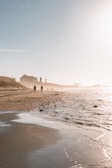 A sandy beach with people walking on it