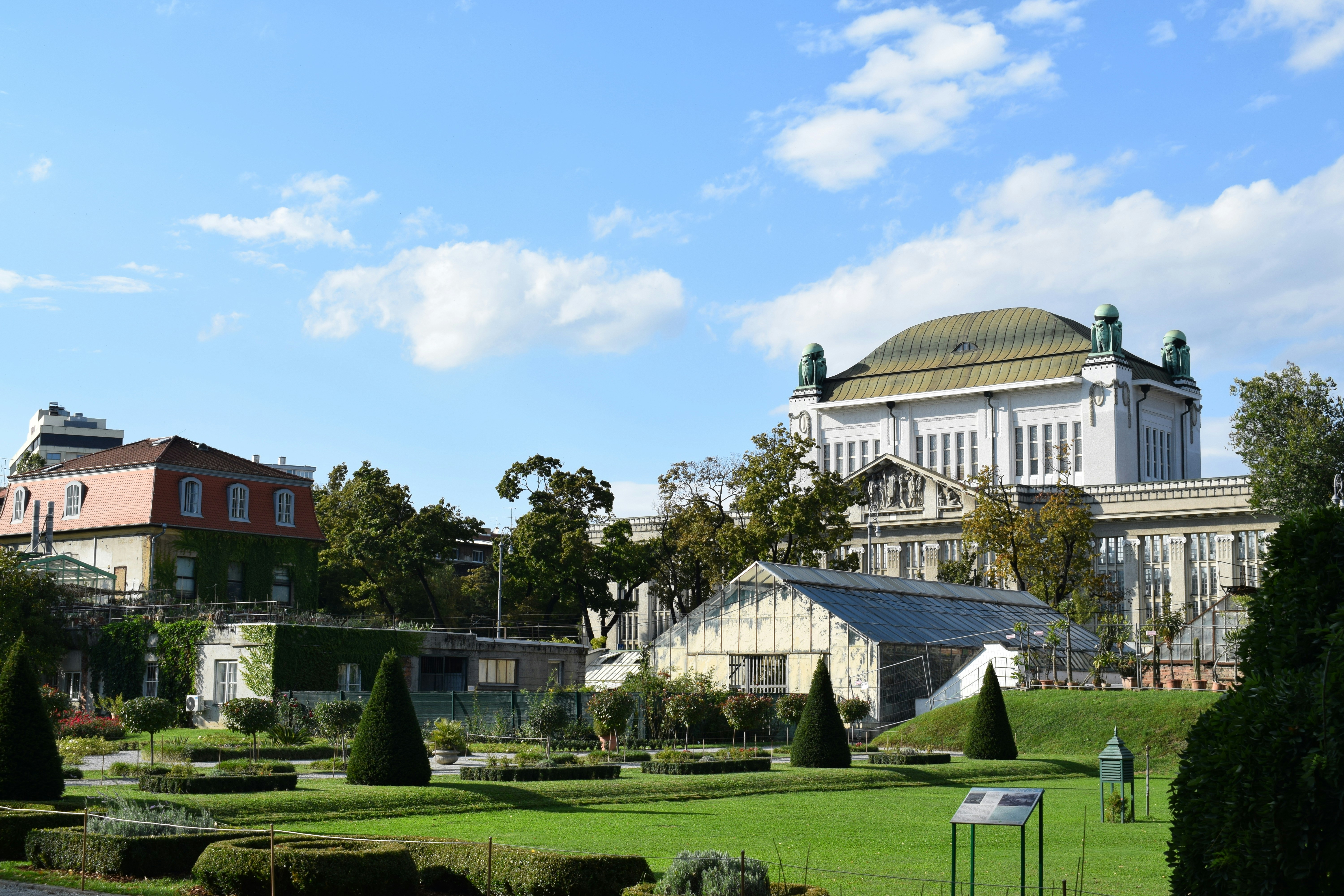 A view of a building from across a pond