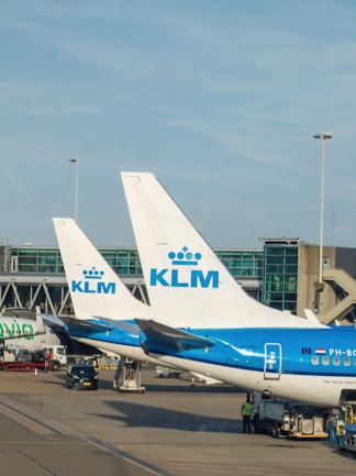 A group of airplanes parked at an airport