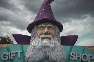 A statue of a wizard holding a sign that says gift shop