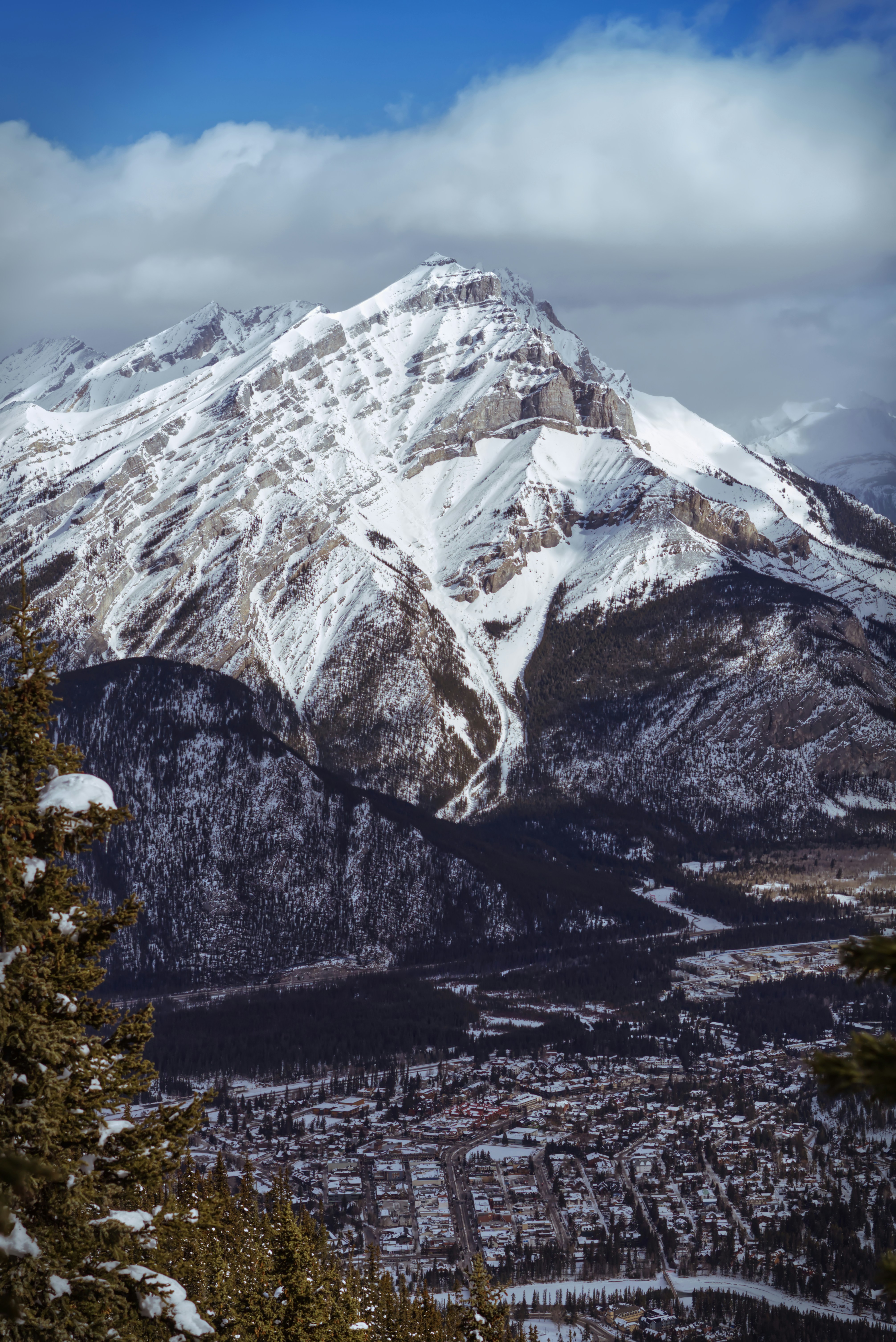 A snow covered mountain with trees in the foreground