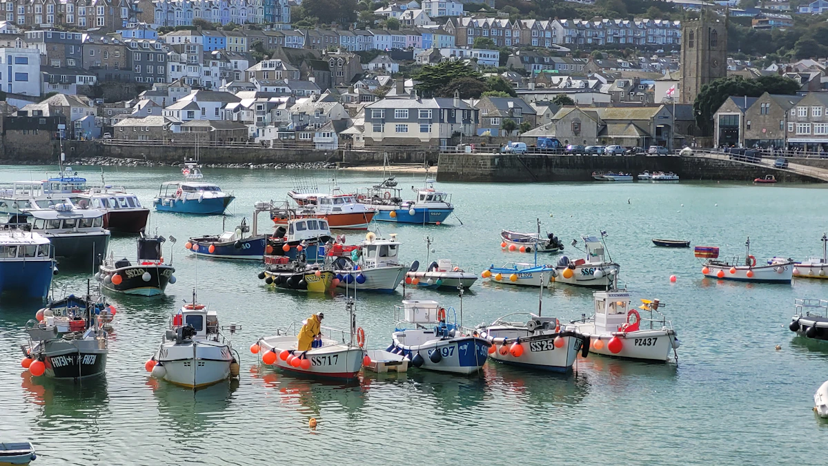 Colourful harbour houses and boats in a British seaside town