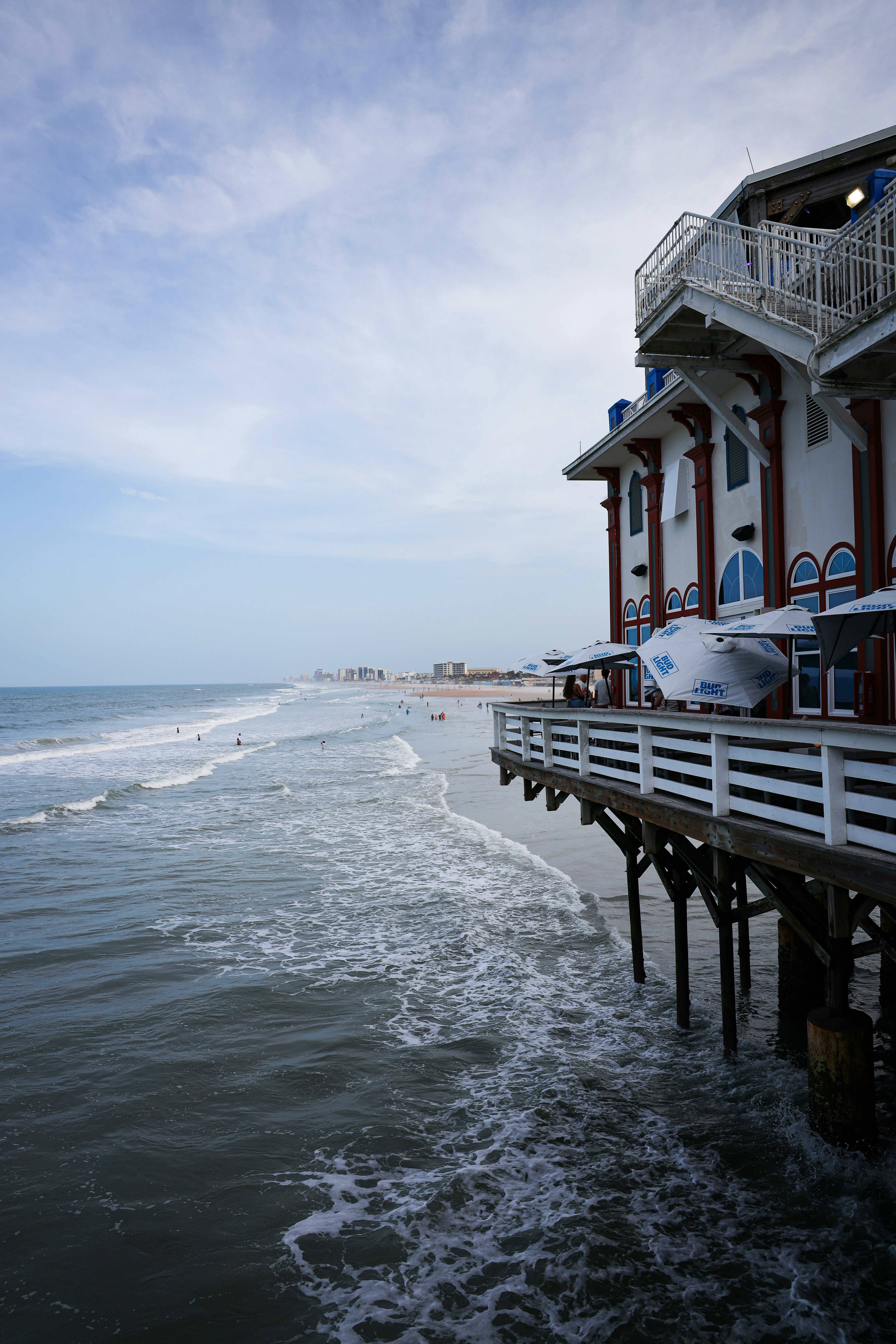 A pier on a beach next to a body of water