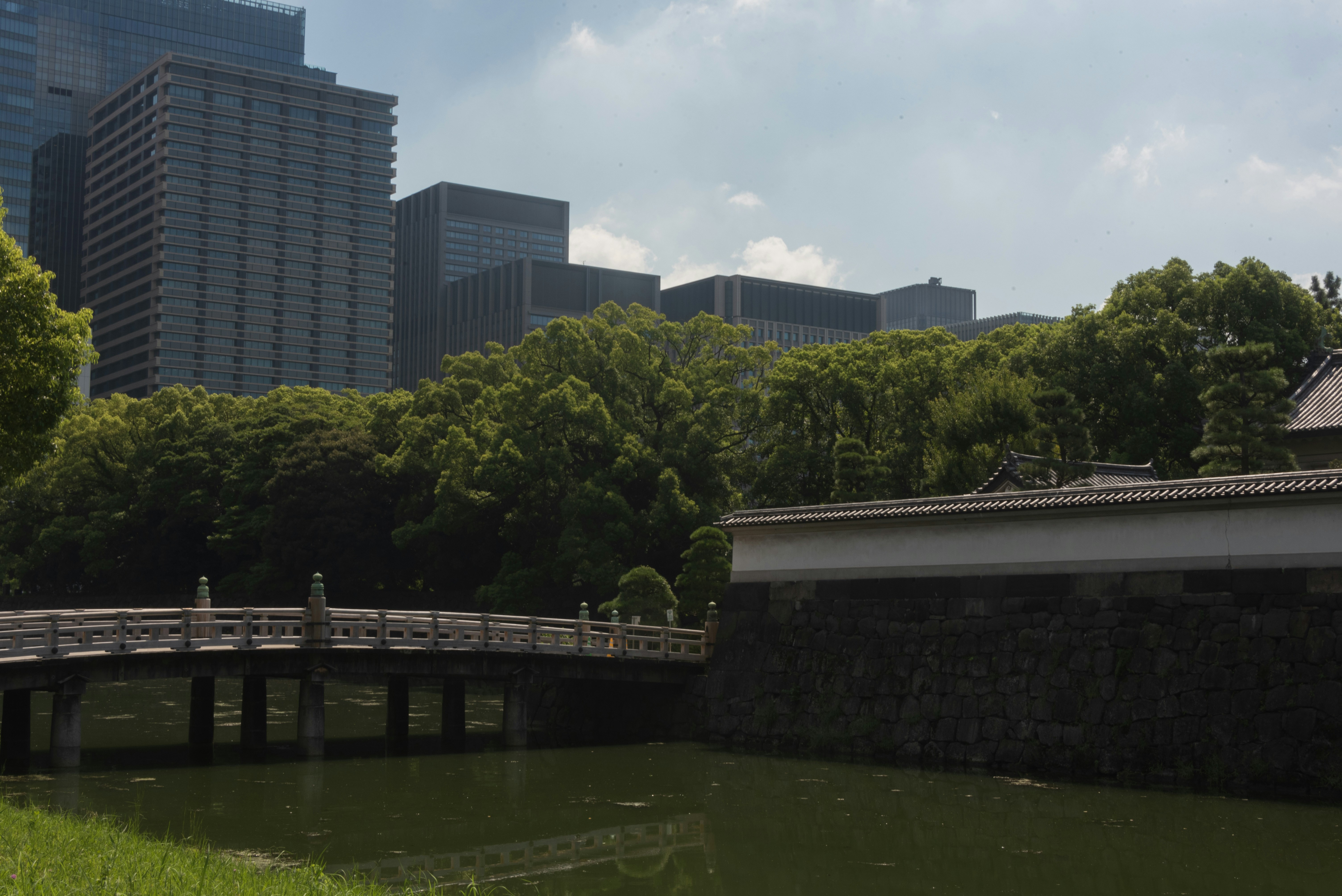 A bridge over a body of water with a city in the background